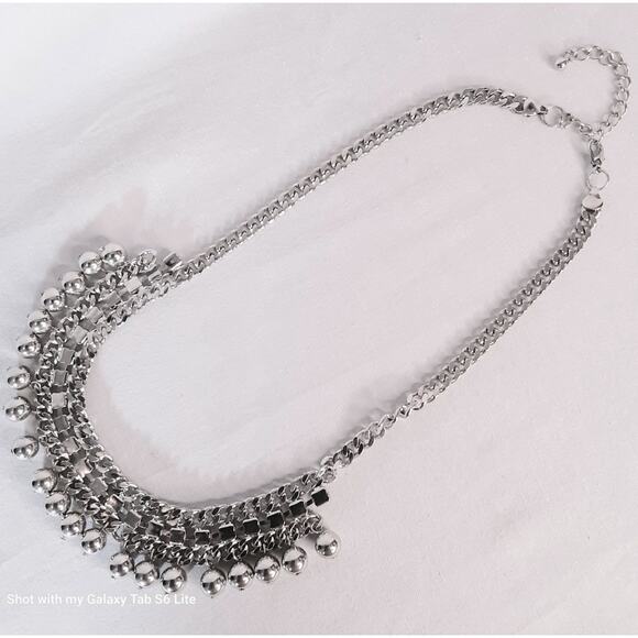 Silver Tone Bib Necklace Tribal Curb Chains Rhinestones And Beads - Picture 3 of 13